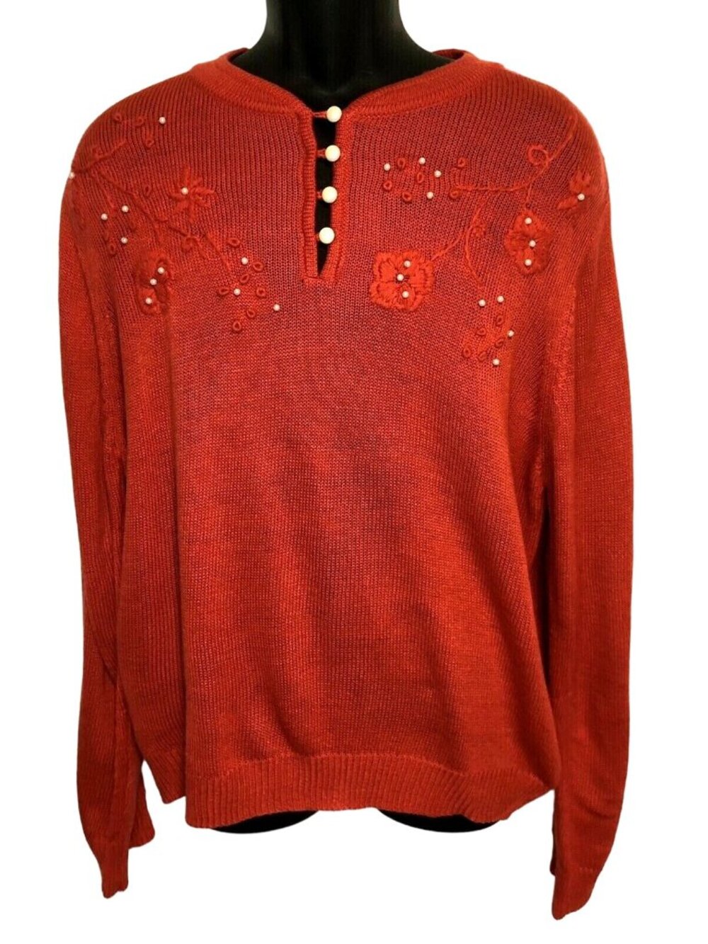 Adrian Delafield Women’s Orange Sweater Size PXL Embroidered Pearl Accents